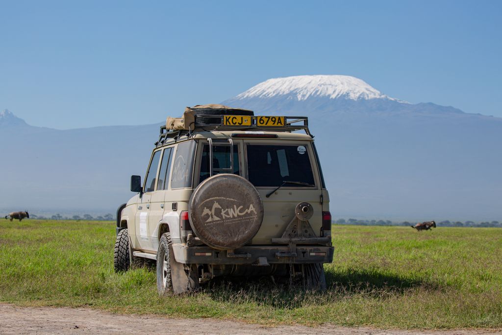 A Land Cruiser SUV parked on grasslands with Mount Kilimanjaro visible in the distance.